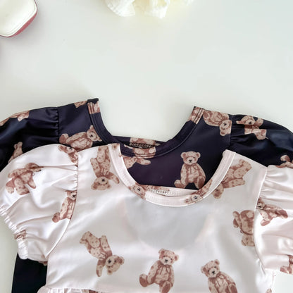 -ベビー水着 帽子セット 半袖ワンピース ベアくまプリント スイムウェア2カラー【mh0004723】 - mamahalo shop - ベビー用水着 -  べビー服 - 子供服 - 男の子 - 女の子