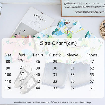 -キッズセットアップ 2点セット 半袖プリントシャツ+デニムハーフパンツ 2カラー【mh0006164】 - mamahalo shop - 半袖セットアップ -  べビー服 - 子供服 - 男の子 - 女の子