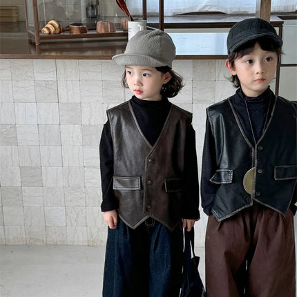 キッズベスト フェイクレザー前あきプレッピーウェストコートベスト - mamahalo shop - ベスト -  べビー服 - 子供服 - 男の子 - 女の子