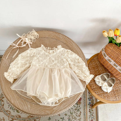 -ベビーロンパース スタンドフリルカラーチュチュスカートドッキング長袖ドレスロンパース アプリコット【mh0007114】 - mamahalo shop - 長袖ロンパース -  べビー服 - 子供服 - 男の子 - 女の子