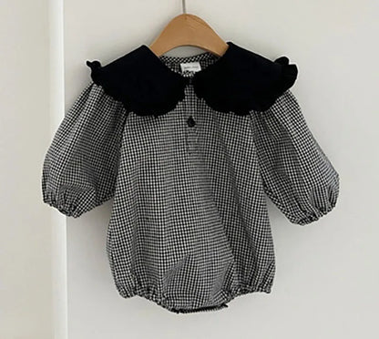 -ベビーロンパース フリルビッグ襟 長袖ボディスーツ ブラック/チェック【mh0004224】 - mamahalo shop - 長袖ロンパース -  べビー服 - 子供服 - 男の子 - 女の子