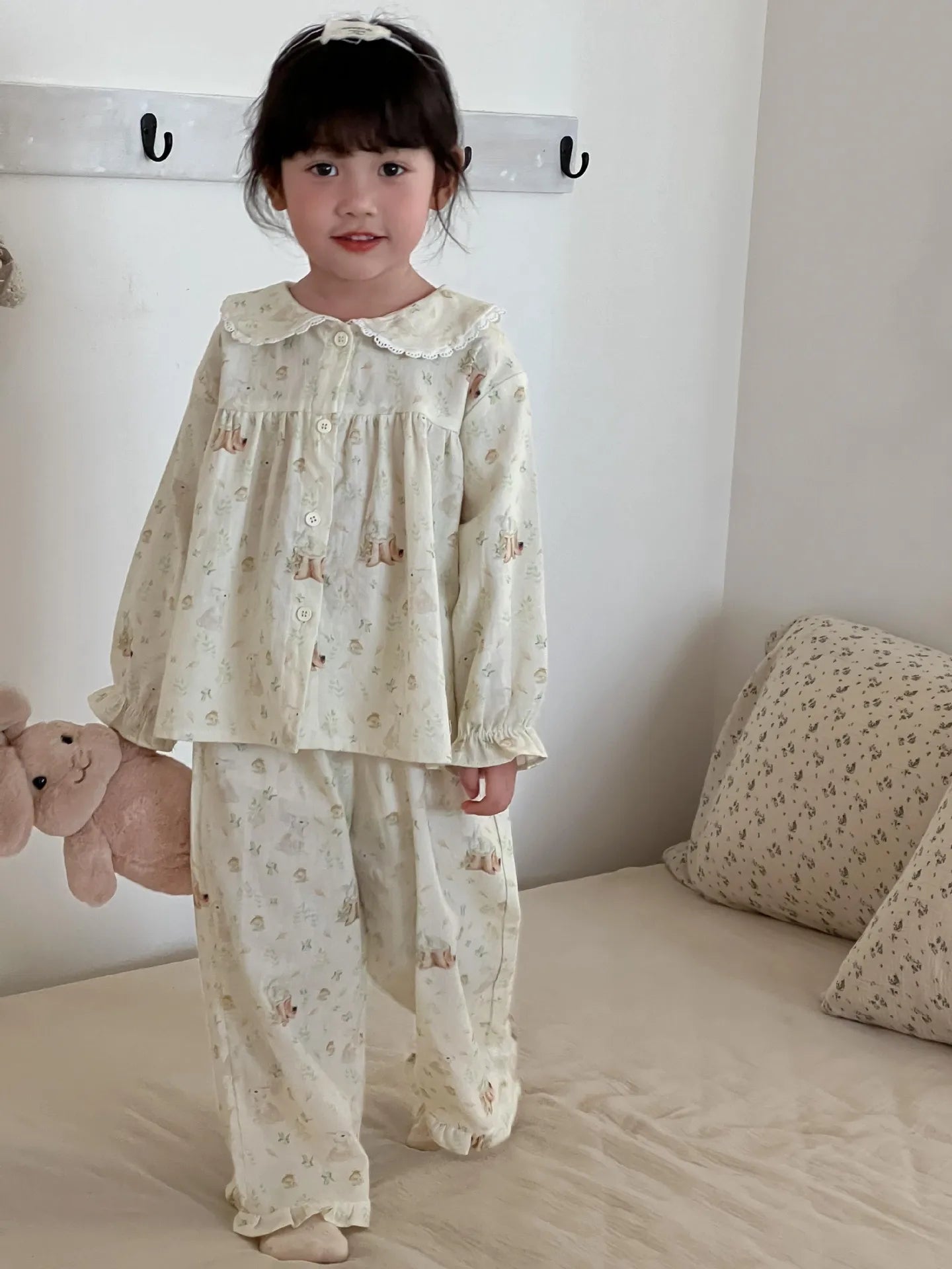 -キッズパジャマセット アップルりんご/うさぎバニープリント長袖ブラウス+ロングパンツ 3カラー - mamahalo shop - 長袖パジャマ -  べビー服 - 子供服 - 男の子 - 女の子