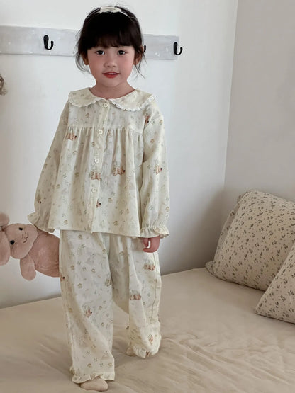 -キッズパジャマセット アップルりんご/うさぎバニープリント長袖ブラウス+ロングパンツ 3カラー - mamahalo shop - 長袖パジャマ -  べビー服 - 子供服 - 男の子 - 女の子