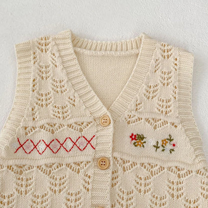 -ベビーベスト フラワー刺繍レースニット前あきベスト ベージュ【mh0006987】 - mamahalo shop - ベスト -  べビー服 - 子供服 - 男の子 - 女の子