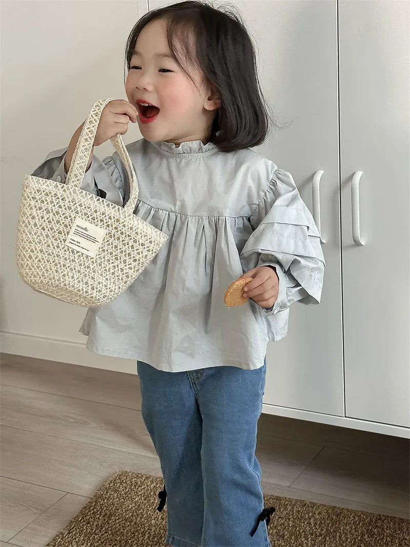 -キッズトップス 長袖ブラウス フリルスタンドカラー ホワイト/ライトブルー/2カラー - mamahalo shop - 長袖シャツ・ブラウス -  べビー服 - 子供服 - 男の子 - 女の子