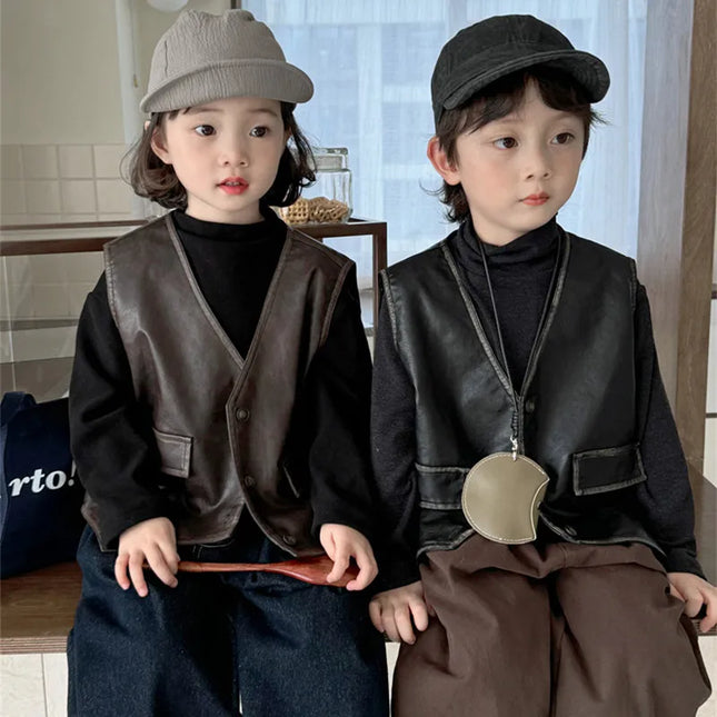 キッズベスト フェイクレザー前あきプレッピーウェストコートベスト - mamahalo shop - ベスト -  べビー服 - 子供服 - 男の子 - 女の子