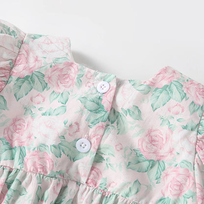 -ベビーロンパース 半袖ボリュームパフスリーブ リボン フラワープリント ベビードレス ヘアバンドセット - mamahalo shop - 半袖ロンパース -  べビー服 - 子供服 - 男の子 - 女の子