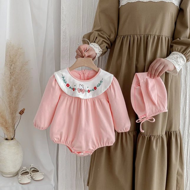 4209 Baby Clothes Autumn 2024 New Korean Girl Baby One Piece Clothes Doll Collar Cute Cotton Climbing Clothes with Hat - mamahalo shop - 長袖ロンパース -  べビー服 - 子供服 - 男の子 - 女の子