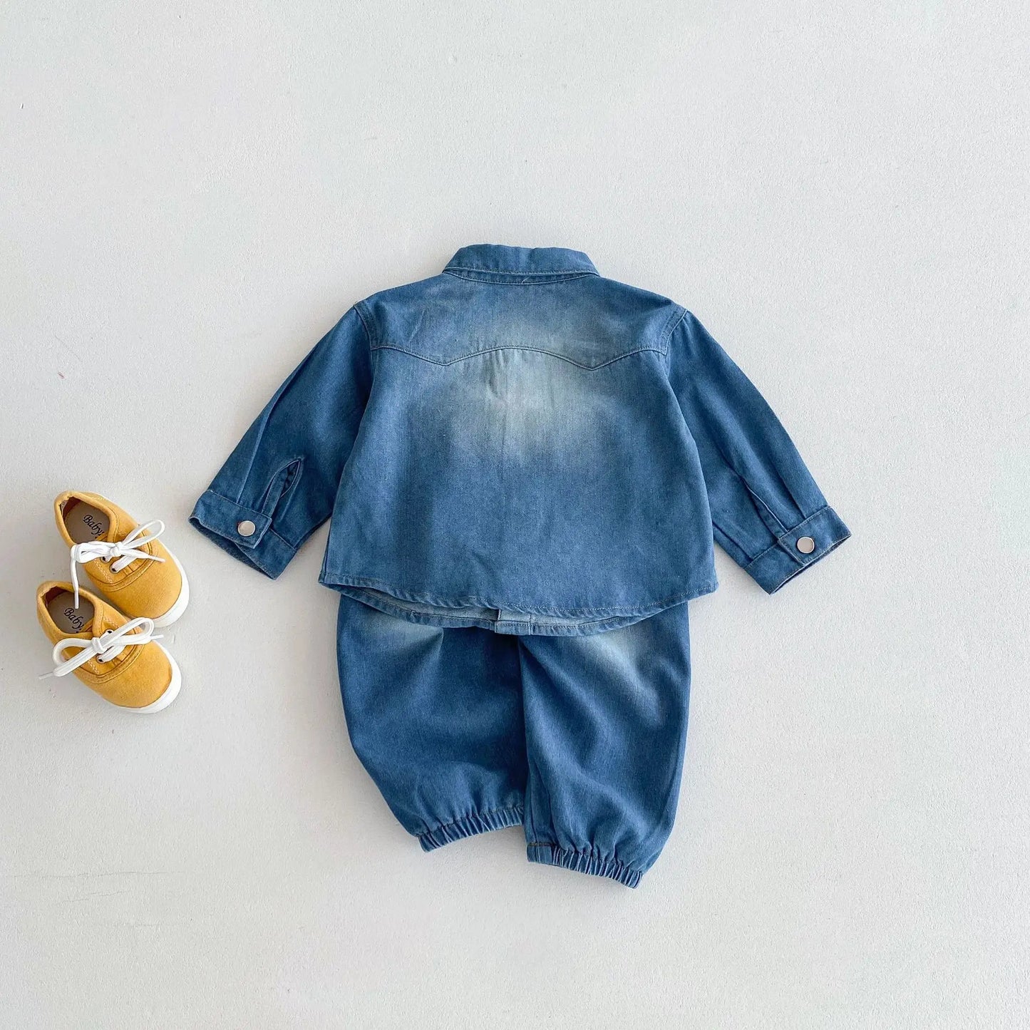 -キッズセットアップ 2点セット デニム 長袖シャツ+ロングルーズパンツ ブルー【mh0006669】 - mamahalo shop - 長袖セットアップ -  べビー服 - 子供服 - 男の子 - 女の子