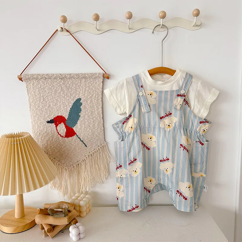 -ベビーセットアップ 2点セット 半袖Tシャツ+オーバーオール 犬パピープリント サロペット 2カラー - mamahalo shop - 半袖セットアップ -  べビー服 - 子供服 - 男の子 - 女の子