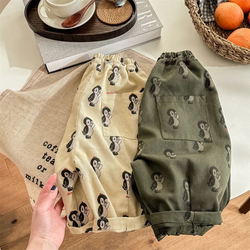 -キッズパンツ ルーズコットンロングパンツ ペンギンプリント柄 アーミーグリーン/カーキイエロー/2カラー - mamahalo shop - ロングパンツ・スウェットパンツ -  べビー服 - 子供服 - 男の子 - 女の子