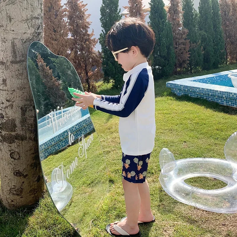 -キッズ水着 ボーイズ 長袖ジップアップトップス+パンツ ラッシュガード パイナップルプリント スイムウェア【mh0005980】 - mamahalo shop - ベビー用水着 -  べビー服 - 子供服 - 男の子 - 女の子