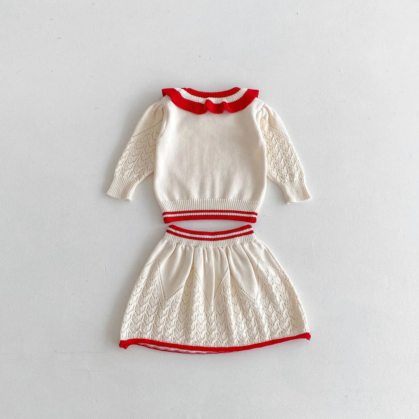 -キッズトップス/スカート レースニットフリルサークル襟セーター/レースニットAラインスカート 2カラー - mamahalo shop - 長袖セットアップ -  べビー服 - 子供服 - 男の子 - 女の子