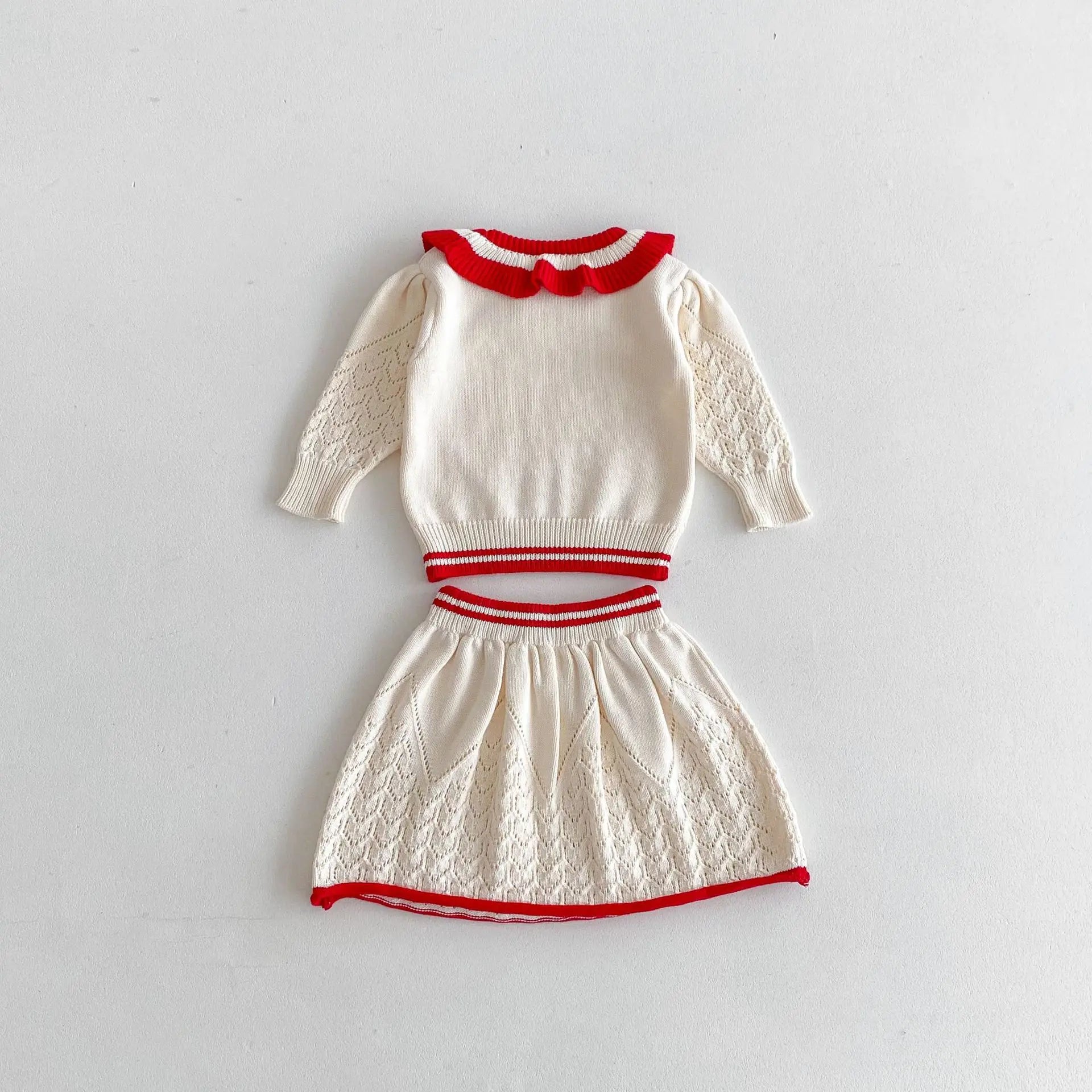 -キッズトップス/スカート レースニットフリルサークル襟セーター/レースニットAラインスカート 2カラー - mamahalo shop - 長袖セットアップ -  べビー服 - 子供服 - 男の子 - 女の子