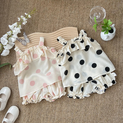 -ベビーセットアップ 2点セット キャミソールチュニックブラウス+フリルショートパンツ 水玉コインドットプリント 2カラー【mh0006198】 - mamahalo shop - ノースリーブセットアップ -  べビー服 - 子供服 - 男の子 - 女の子