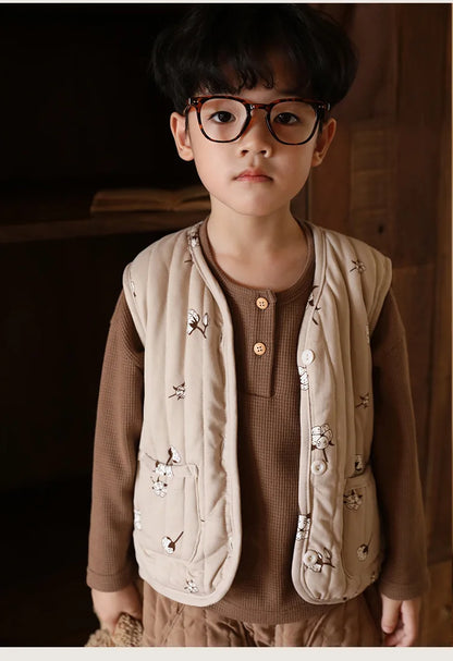 -キッズベスト キルティングフラワープリントフリルベスト 2デザイン - mamahalo shop - ベスト -  べビー服 - 子供服 - 男の子 - 女の子