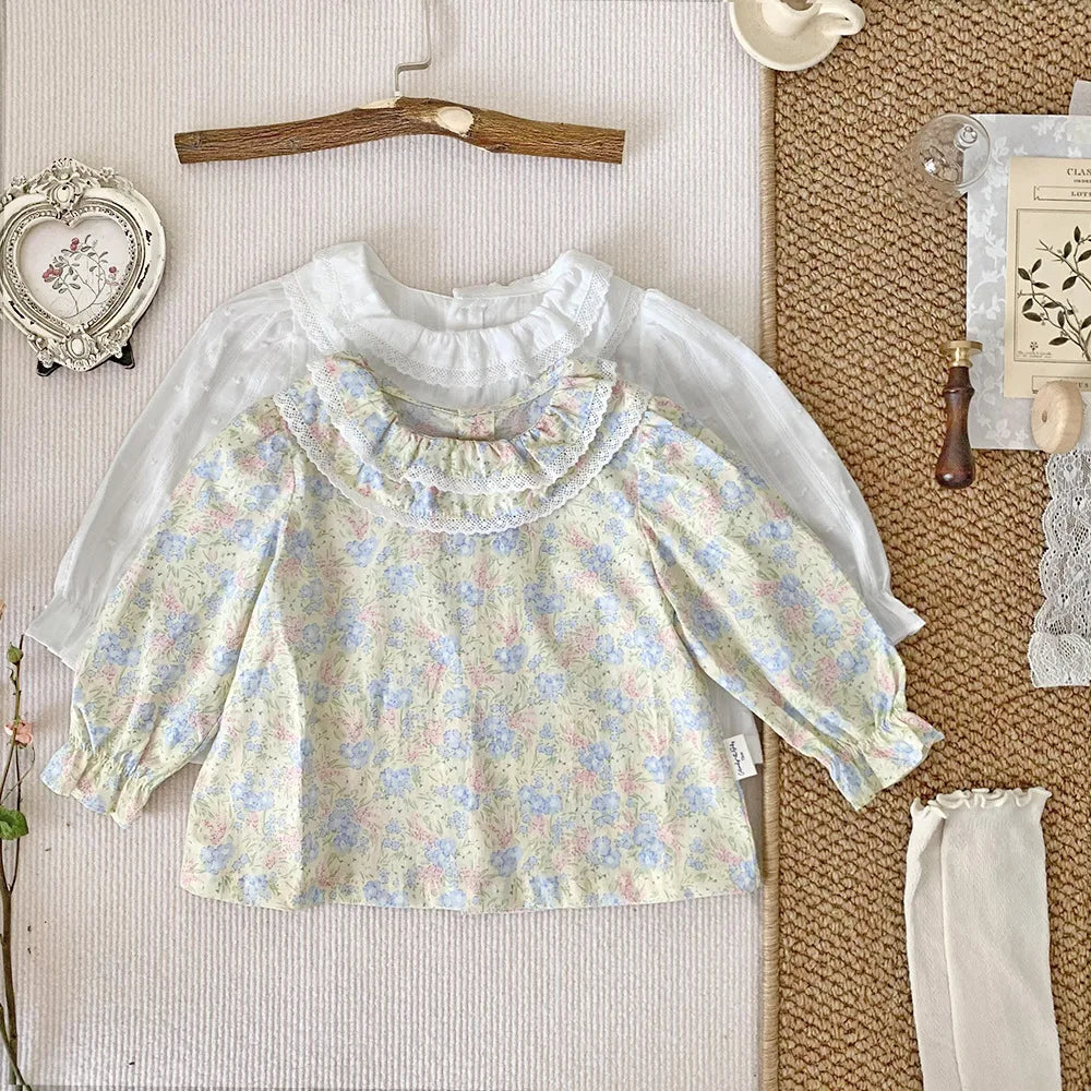 -ベビーキッズトップス 長袖チュニックブラウス フリル襟 フラワープリント 無地【mh0004450】 - mamahalo shop - 長袖シャツ・ブラウス -  べビー服 - 子供服 - 男の子 - 女の子