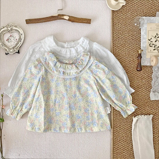 -ベビーキッズトップス 長袖チュニックブラウス フリル襟 フラワープリント 無地【mh0004450】 - mamahalo shop - 長袖シャツ・ブラウス -  べビー服 - 子供服 - 男の子 - 女の子