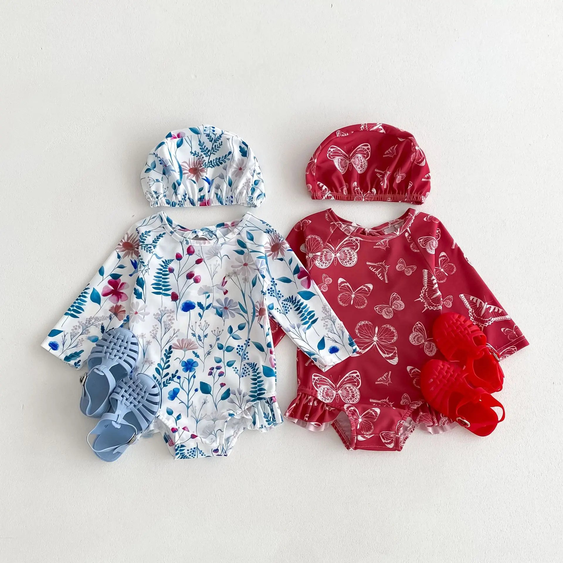 -ベビー水着 長袖ワンピース 帽子セット スイムウェア ラッシュガード  フラワー花柄プリント【mh0005109】 - mamahalo shop - ベビー用水着 -  べビー服 - 子供服 - 男の子 - 女の子