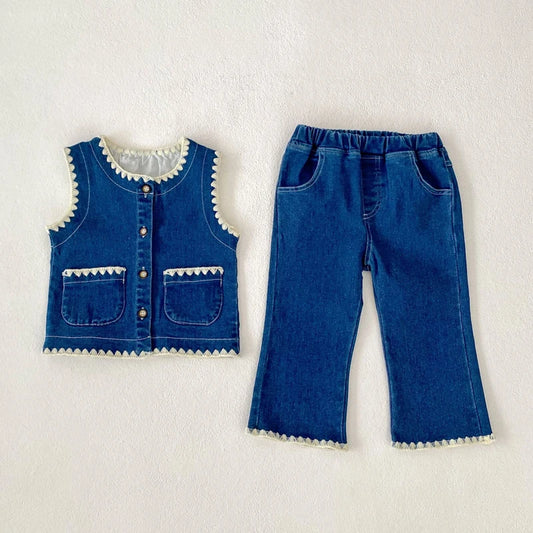 -ベビーキッズベスト/パンツ 縁取り前あきデニムベスト/デニムパンツジーンズ【mh0007034】 - mamahalo shop - ノースリーブセットアップ -  べビー服 - 子供服 - 男の子 - 女の子