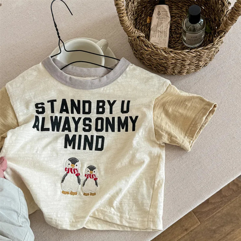 -キッズトップス 半袖Tシャツ ペンギン レターロゴプリント 3カラー - mamahalo shop - 半袖Tシャツ -  べビー服 - 子供服 - 男の子 - 女の子