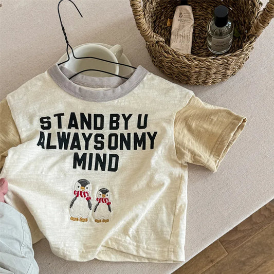 -キッズトップス 半袖Tシャツ ペンギン レターロゴプリント 3カラー - mamahalo shop - 半袖Tシャツ -  べビー服 - 子供服 - 男の子 - 女の子