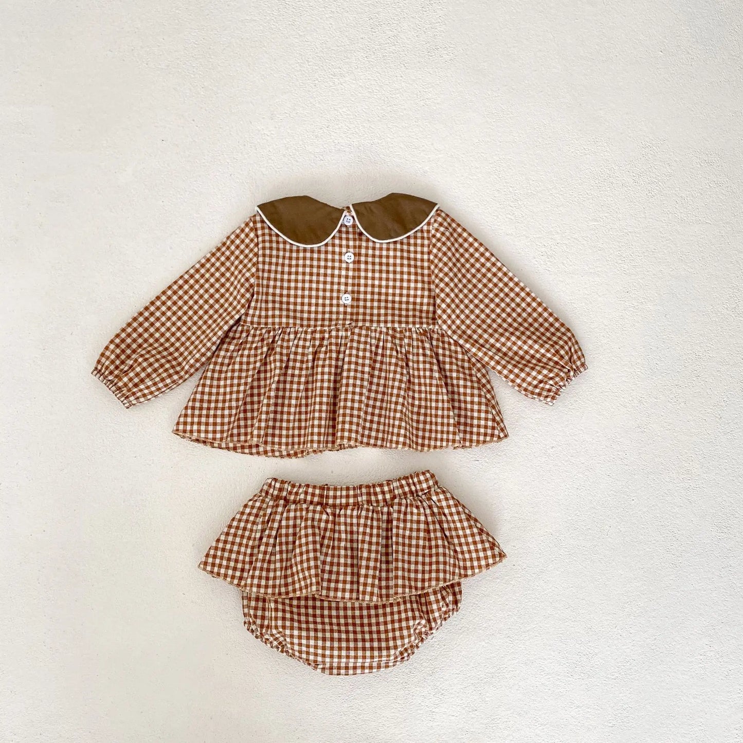 -ベビーキッズセットアップ 2点セット フラワー刺繍襟長袖チュニックブラウス+フリルスカートブルマパンツ チェック4カラー - mamahalo shop - 長袖セットアップ -  べビー服 - 子供服 - 男の子 - 女の子