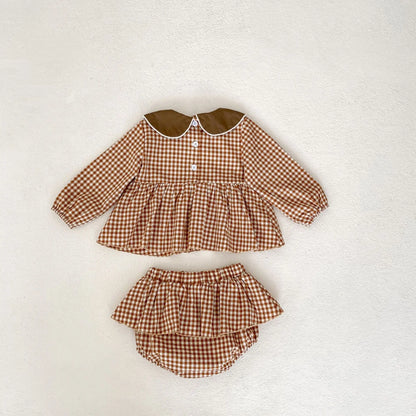 -ベビーキッズセットアップ 2点セット フラワー刺繍襟長袖チュニックブラウス+フリルスカートブルマパンツ チェック4カラー - mamahalo shop - 長袖セットアップ -  べビー服 - 子供服 - 男の子 - 女の子