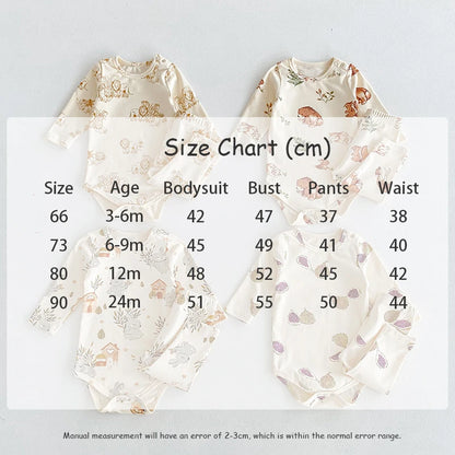 -ベビーロンパース/パンツ/ボンネット フォレストアニマルプリント長袖ボディスーツ/ロングパンツ/帽子 4デザイン【mh0006931】 - mamahalo shop - ロンパースセットアップ -  べビー服 - 子供服 - 男の子 - 女の子