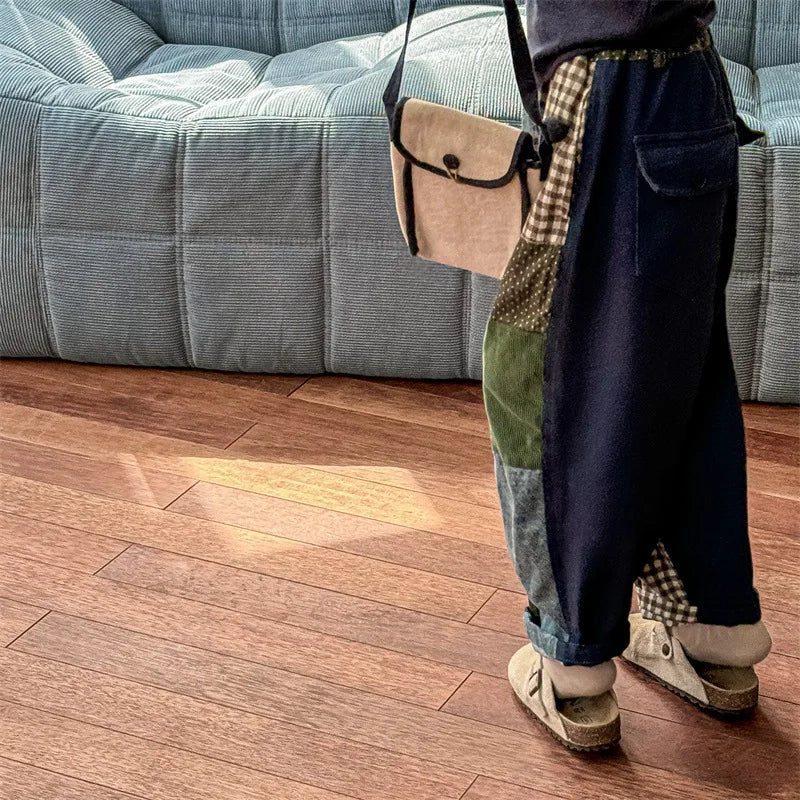 -キッズパンツ 水玉ドットレトロパッチワークルーズワイドデニムパンツ ジーンズジーパン - mamahalo shop - デニムパンツ -  べビー服 - 子供服 - 男の子 - 女の子