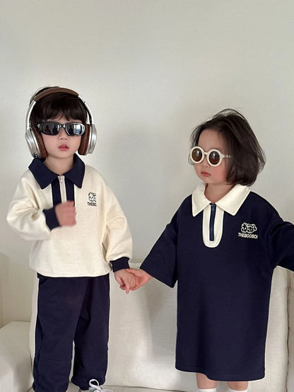 -キッズセットアップ 2点セット 長袖ハーフジップワンピース 長袖ハーフジップポロシャツ ロングパンツ リンクコーデ 兄弟姉妹 お揃いコーデ - mamahalo shop - 長袖セットアップ -  べビー服 - 子供服 - 男の子 - 女の子