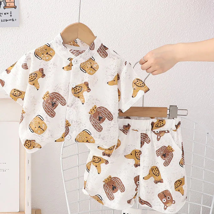 -キッズセットアップ 2点セット 半袖シャツ+ショートパンツ 犬ドッグプリント 2カラー【mh0006170】 - mamahalo shop - 半袖セットアップ -  べビー服 - 子供服 - 男の子 - 女の子