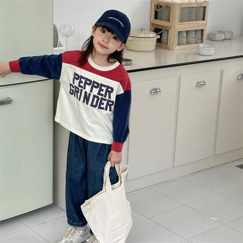 -キッズトップス 長袖Tシャツ ホッケーシャツ パッチワーク レターロゴ刺繍 2カラー - mamahalo shop - 長袖Tシャツ -  べビー服 - 子供服 - 男の子 - 女の子