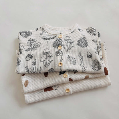 -キッズ ワッフル 長袖 パジャマセット ボタニカル 幾何学 太陽 ルームウェア 3デザイン ユニセックス - mamahalo shop - 長袖パジャマ -  べビー服 - 子供服 - 男の子 - 女の子