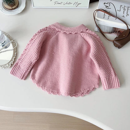 -キッズカーディガン ぽんぽんリボン襟付きニットケープジャケット 2カラー【mh0006937】 - mamahalo shop - カーディガン・パーカー -  べビー服 - 子供服 - 男の子 - 女の子