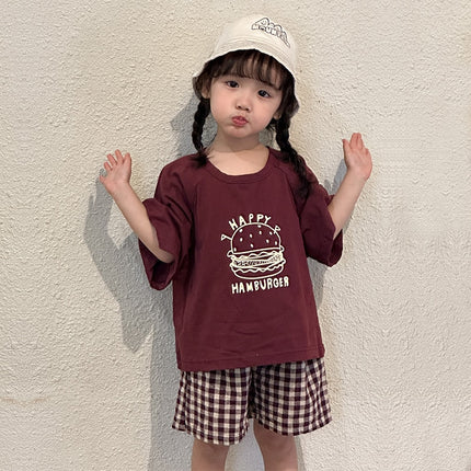 キッズ セットアップ ハンバーガー プリント 半袖 Tシャツ チェック ショートパンツ 2カラー ユニセックス - mamahalo shop - 半袖セットアップ - ベビー服 - 子供服 - 男の子 - 女の子