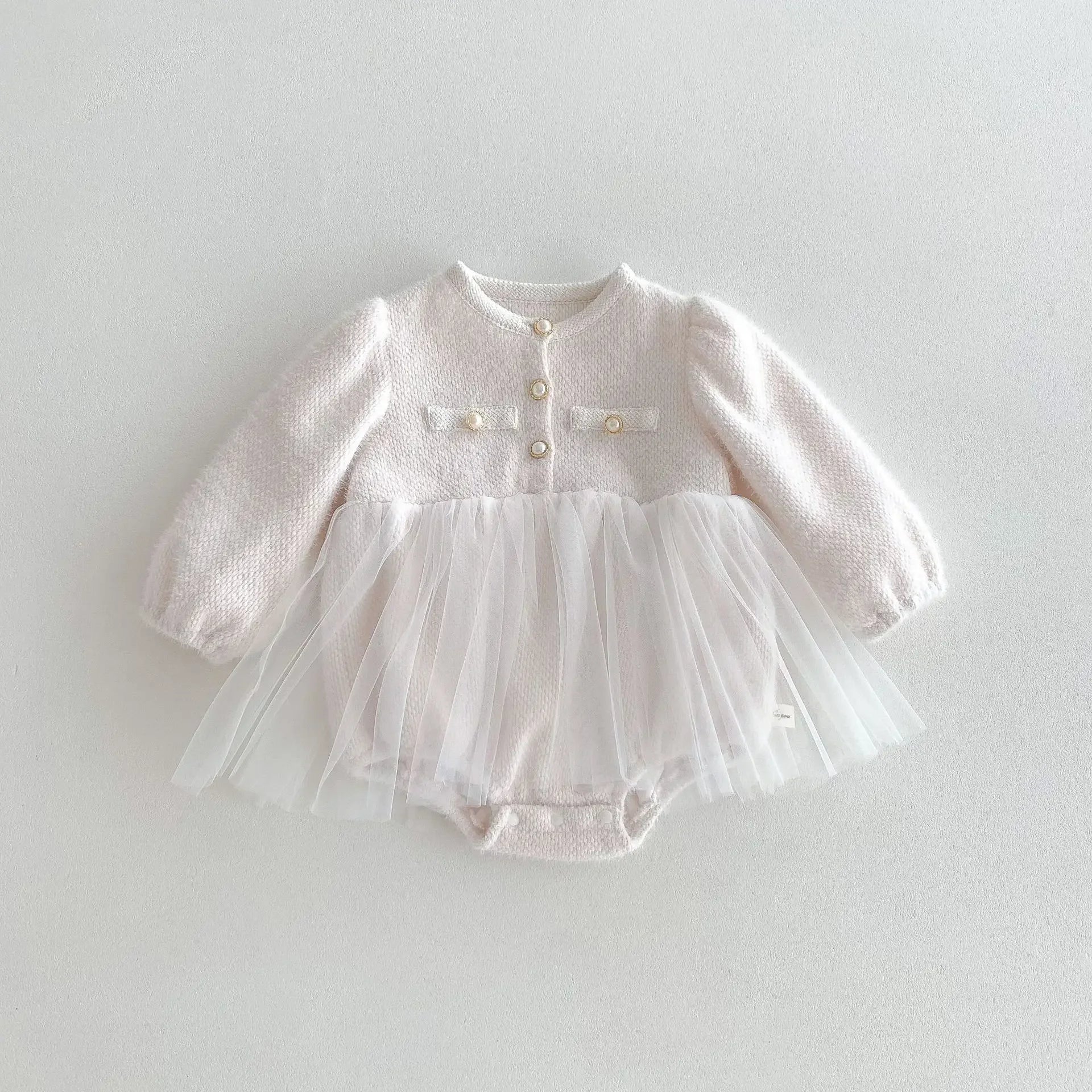 -ベビーロンパース パールボタンジャケット風チュチュスカートドッキング長袖ドレスボディスーツ 2カラー - mamahalo shop - 長袖ロンパース -  べビー服 - 子供服 - 男の子 - 女の子