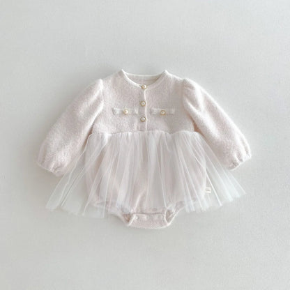 -ベビーロンパース パールボタンジャケット風チュチュスカートドッキング長袖ドレスボディスーツ 2カラー - mamahalo shop - 長袖ロンパース -  べビー服 - 子供服 - 男の子 - 女の子