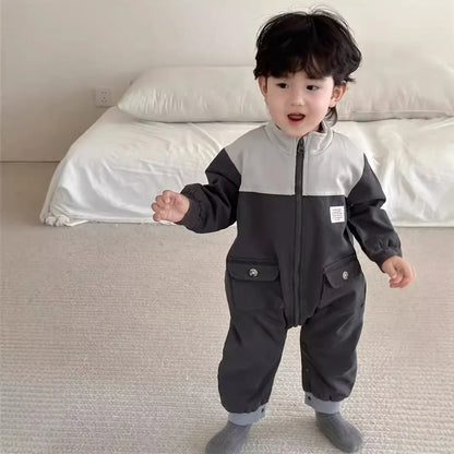 -ベビージャンプスーツ パッチワーク切り替えジップアップ長袖ジャンプスーツつなぎ グレー - mamahalo shop - 長袖ジャンプスーツ -  べビー服 - 子供服 - 男の子 - 女の子