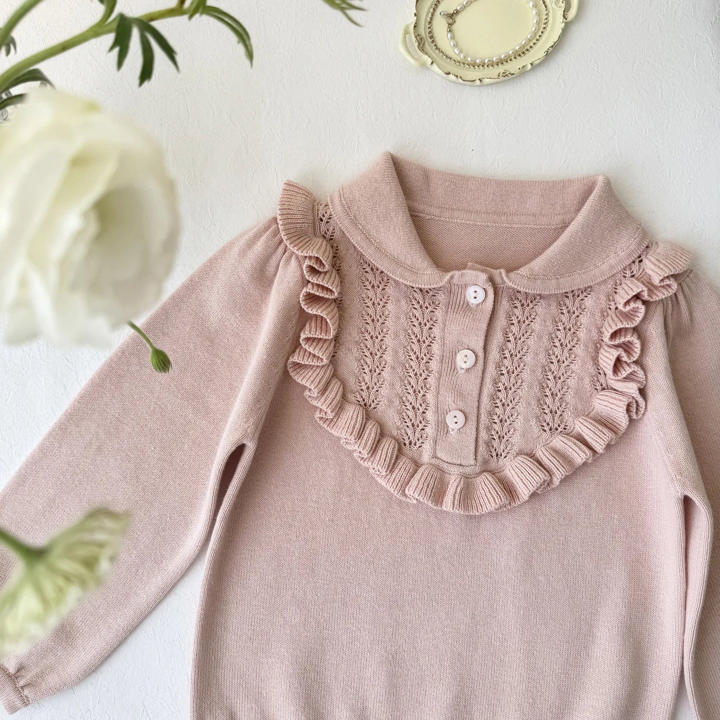 -キッズトップス ニット 長袖ブラウス フ襟付きフリルカットソー  ピンク/ベージュ/2カラー【mh0004497】 - mamahalo shop - 長袖シャツ・ブラウス -  べビー服 - 子供服 - 男の子 - 女の子