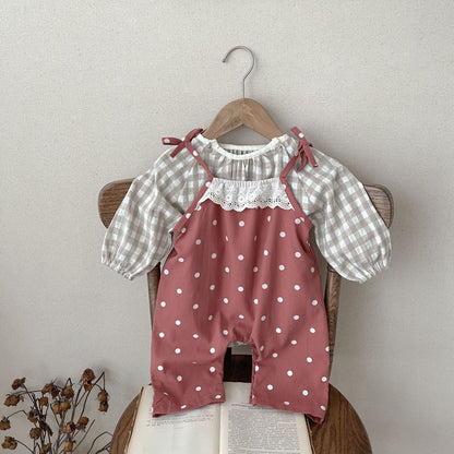 -ベビー サロペット 水玉 ドット キャミソール サスペンダーパンツ レース オレンジピンク ガールズ 女の子 子供服 7792 - mamahalo shop - サロペットパンツ・サスペンダーパンツ -  べビー服 - 子供服 - 男の子 - 女の子