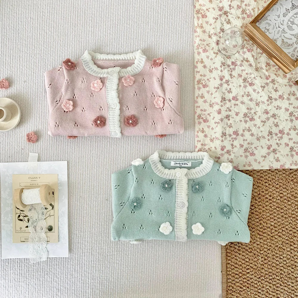 -ベビーキッズカーディガン ニットジャケット フラワー刺繍 ピンク/グリーン/2カラー【mh0004554】 - mamahalo shop - カーディガン・パーカー -  べビー服 - 子供服 - 男の子 - 女の子