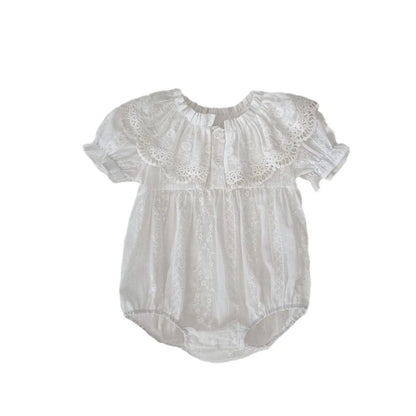 -ベビーロンパース/キッズワンピース 半袖レース刺繍フリル リンクコーデ 姉妹 お揃いコーデ ホワイト - mamahalo shop - 半袖ロンパース -  べビー服 - 子供服 - 男の子 - 女の子