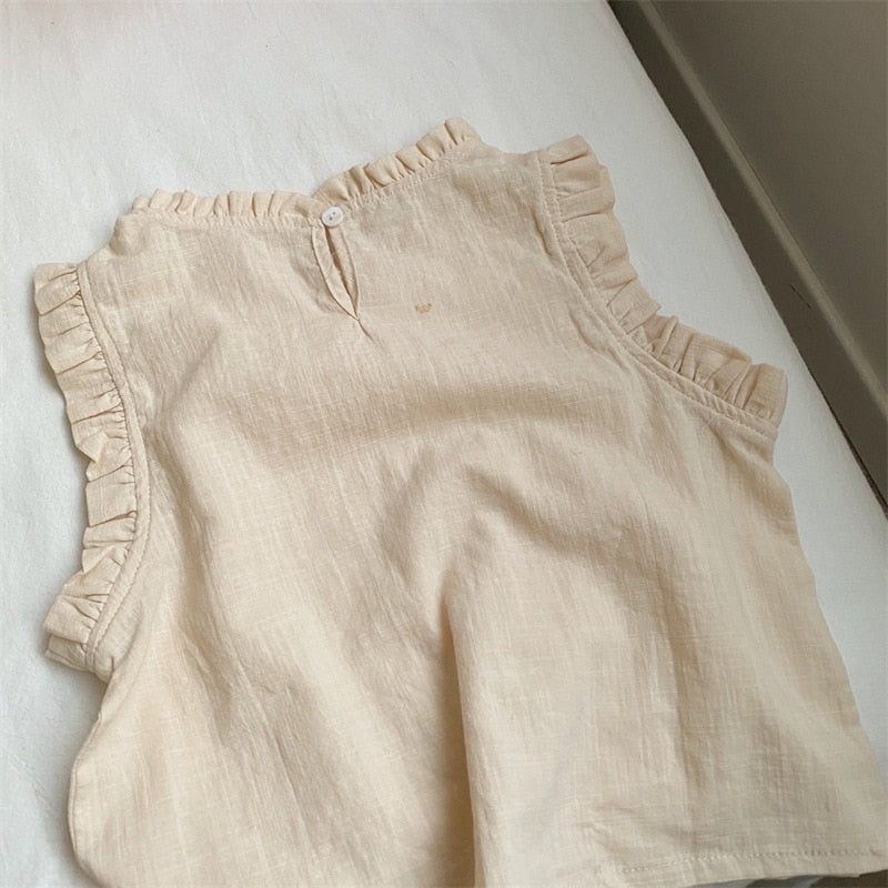 -キッズ フラワー 小花柄 無地 ラッフルフリル ノースリーブ ブラウス トップス アプリコットベージュ ホワイト ガールズ - mamahalo shop - タンクトップ・キャミソール・ノースリーブトップス -  べビー服 - 子供服 - 男の子 - 女の子