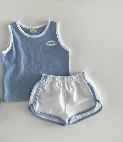 -キッズセットアップ 2点セット タンクトップ+ショートパンツ ワンポイント 2カラー【mh0006203】 - mamahalo shop - ノースリーブセットアップ -  べビー服 - 子供服 - 男の子 - 女の子