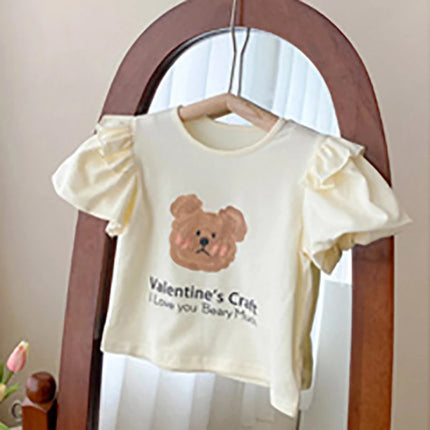 キッズトップス 半袖パフスリーブフリルTシャツ ベアくまプリント ベージュ - mamahalo shop - 半袖Tシャツ - ベビー服 - 子供服 - 男の子 - 女の子