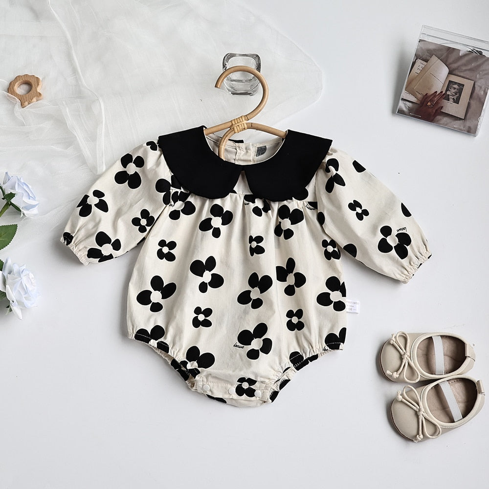 -ベビー服 ロンパース レトロ フラワー 長袖 リボンヘアバンド セット モノトーン 女の子 - mamahalo shop - 長袖ロンパース -  べビー服 - 子供服 - 男の子 - 女の子