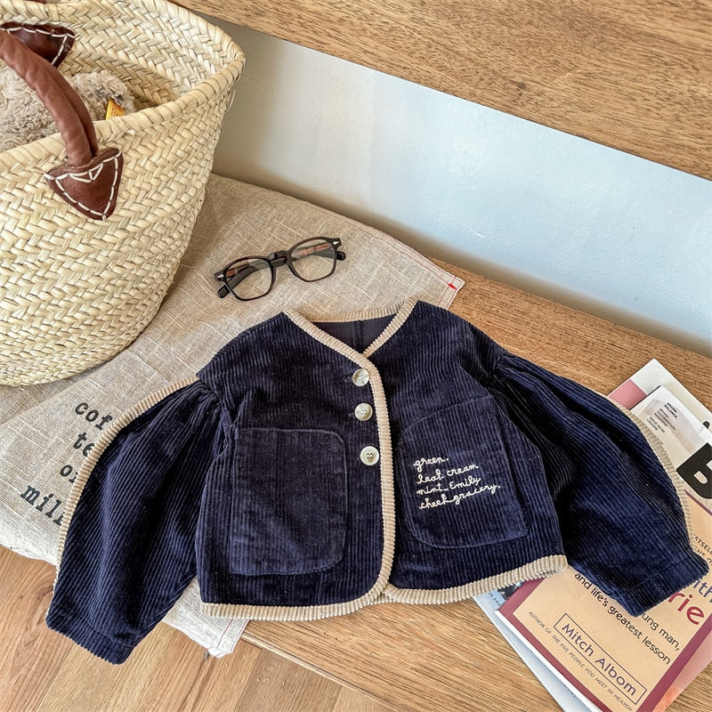 -キッズ レターロゴ 刺繍 コーデュロイ 長袖 パフスリーブ ジャケット コート アウター ガールズ【mh0002607】 - mamahalo shop - ショートコート・ジャケット・ジャンパー -  べビー服 - 子供服 - 男の子 - 女の子