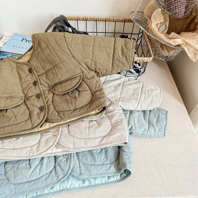 -キッズ キルティングジャケット ショートコート ジャンパー ベージュ スカイブルー アーミーグリーン 3カラー ユニセックス 男の子 女の子 子供服 - mamahalo shop - ショートコート・ジャケット・ジャンパー -  べビー服 - 子供服 - 男の子 - 女の子