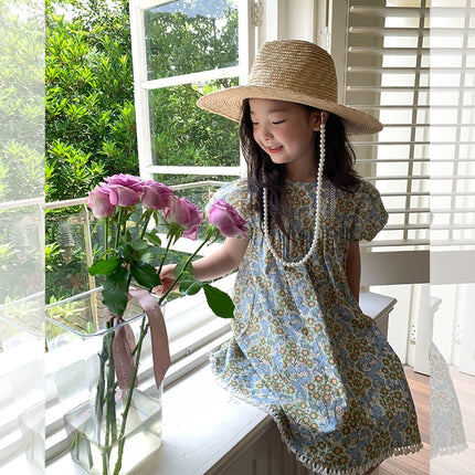 キッズ フラワー 花柄 レース 半袖 パフスリーブ ワンピース ガールズ - mamahalo shop - 半袖ワンピース - ベビー服 - 子供服 - 男の子 - 女の子